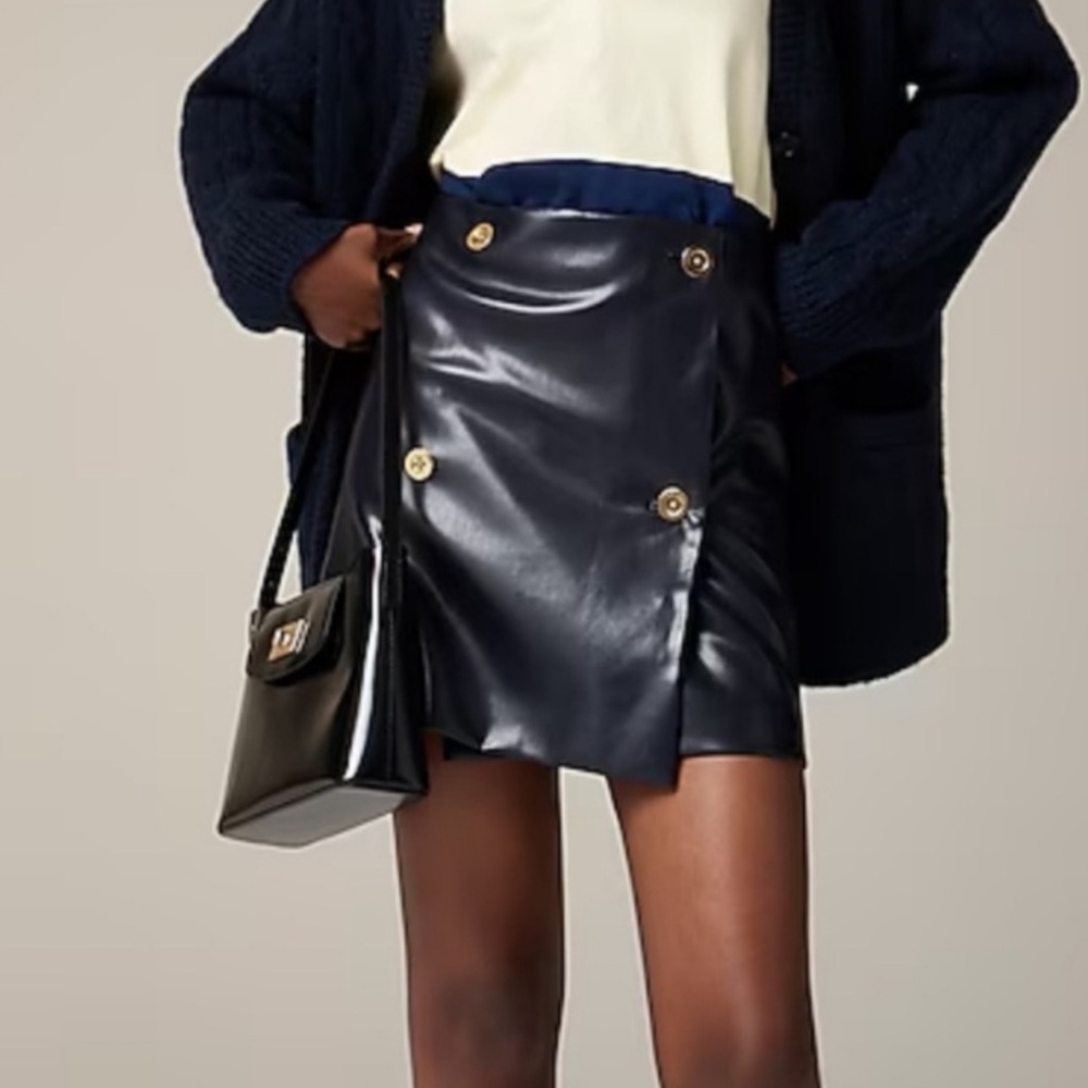 NWT J.CREW Mini Wrap Skirt In Faux Parent Leather Dark Navy Blue 12